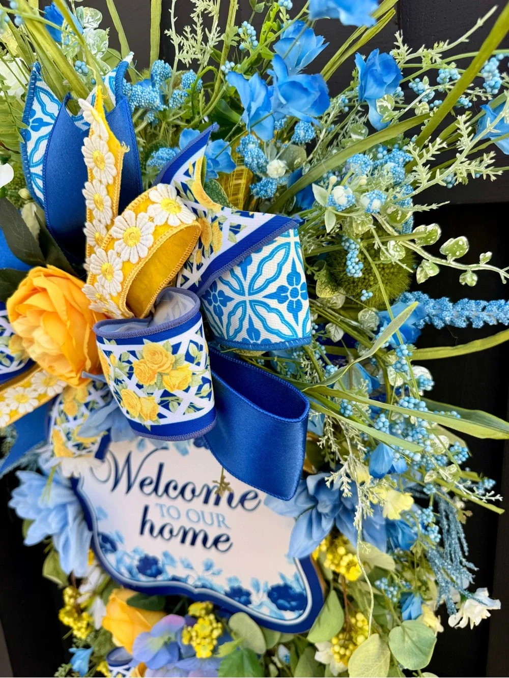 Hand Crafted Blue and Yellow Welcome Home Door Wreath